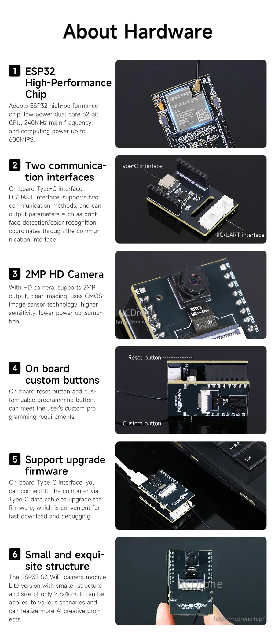 Hardware highlights of the ESP32-S3 camera board: Type‑C via adapter board, 2MP camera, UART/IIC ports, reset and custom buttons