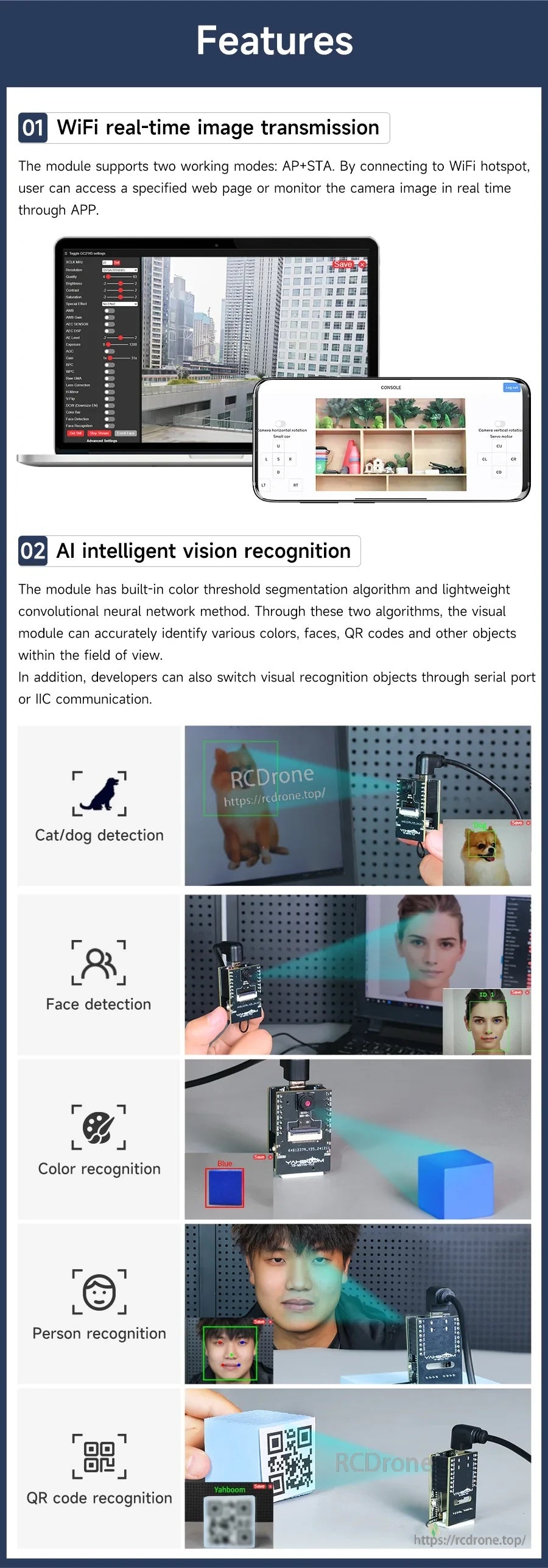 Feature overview for wireless real-time video transmission and AI vision recognition modes (cat/dog, face, color, person, QR)