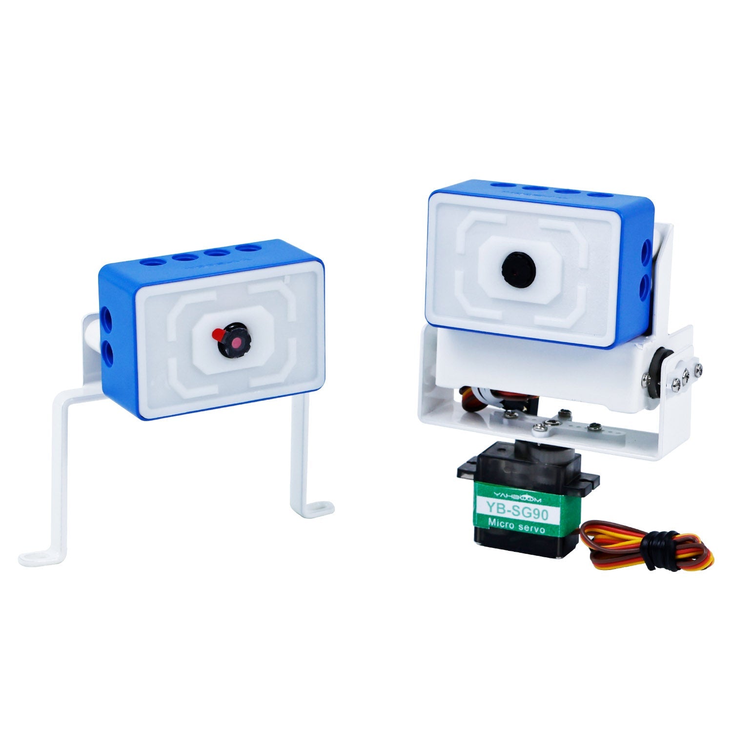 ESP32-S3 WiFi camera module with white mounting stand and YB-SG90 micro servo pan/tilt bracket