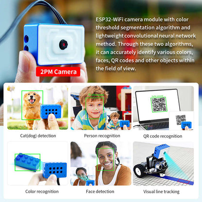 Handheld ESP32 WiFi camera module graphic showing 2MP camera and example AI vision uses: QR, face, color, tracking