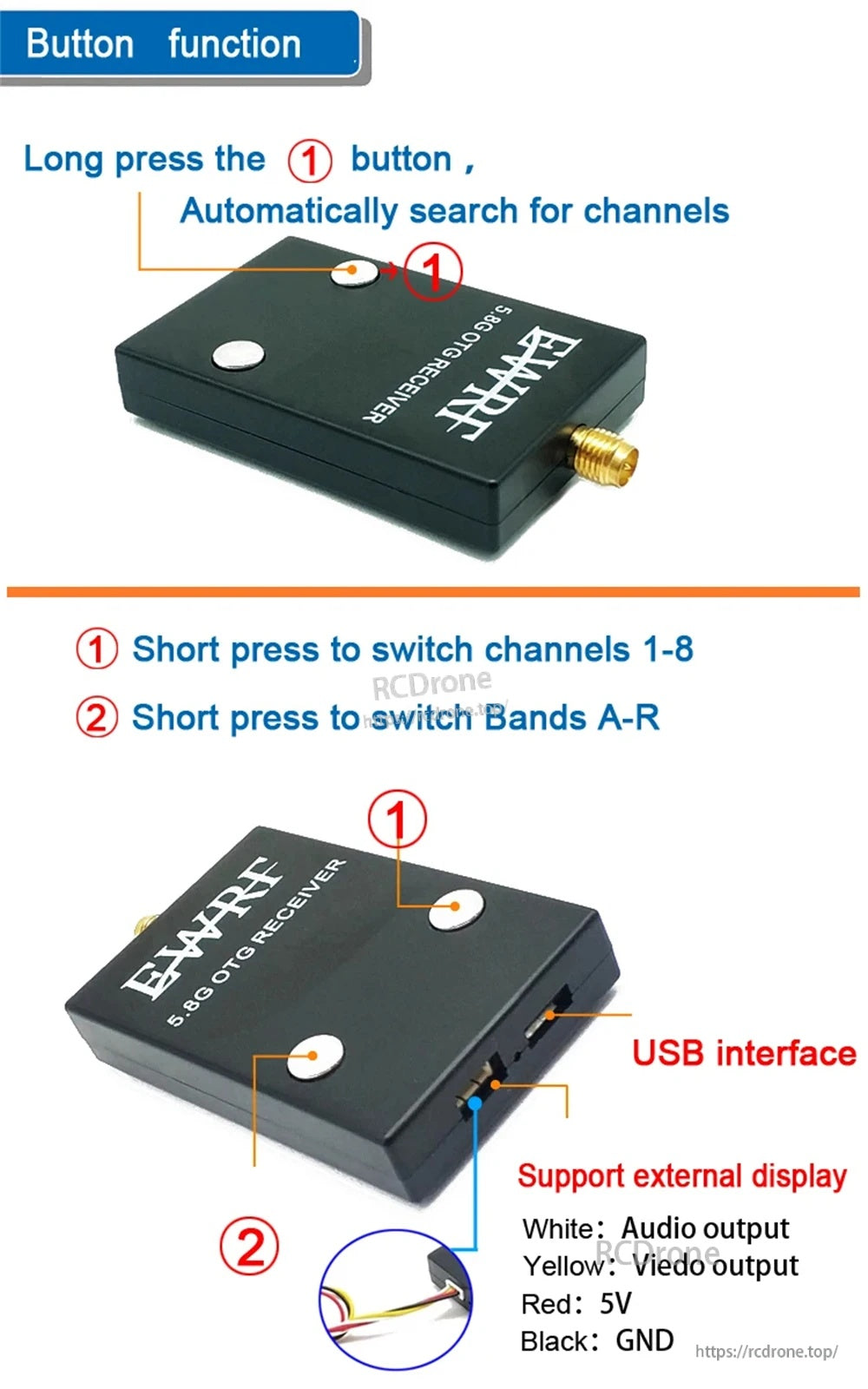 Button functions on EWRF 5.8G OTG receiver: short press channel/band switch, long press auto search; AV pinout