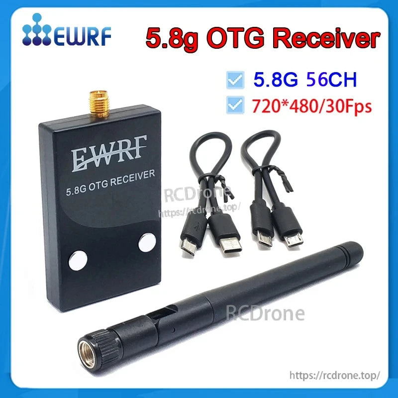 EWRF 5.8GHz 56CH UVC OTG Audio FPV Receiver kit with RP-SMA antenna and OTG cables for Android