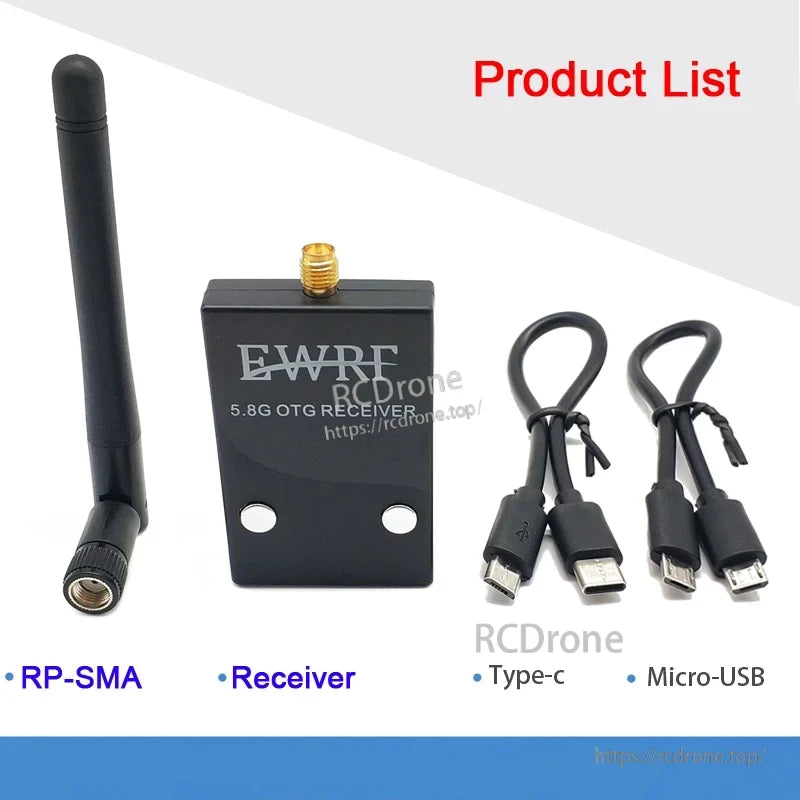 What’s included: EWRF 5.8G OTG receiver, RP-SMA antenna, Type-C OTG cable, and Micro-USB OTG cable