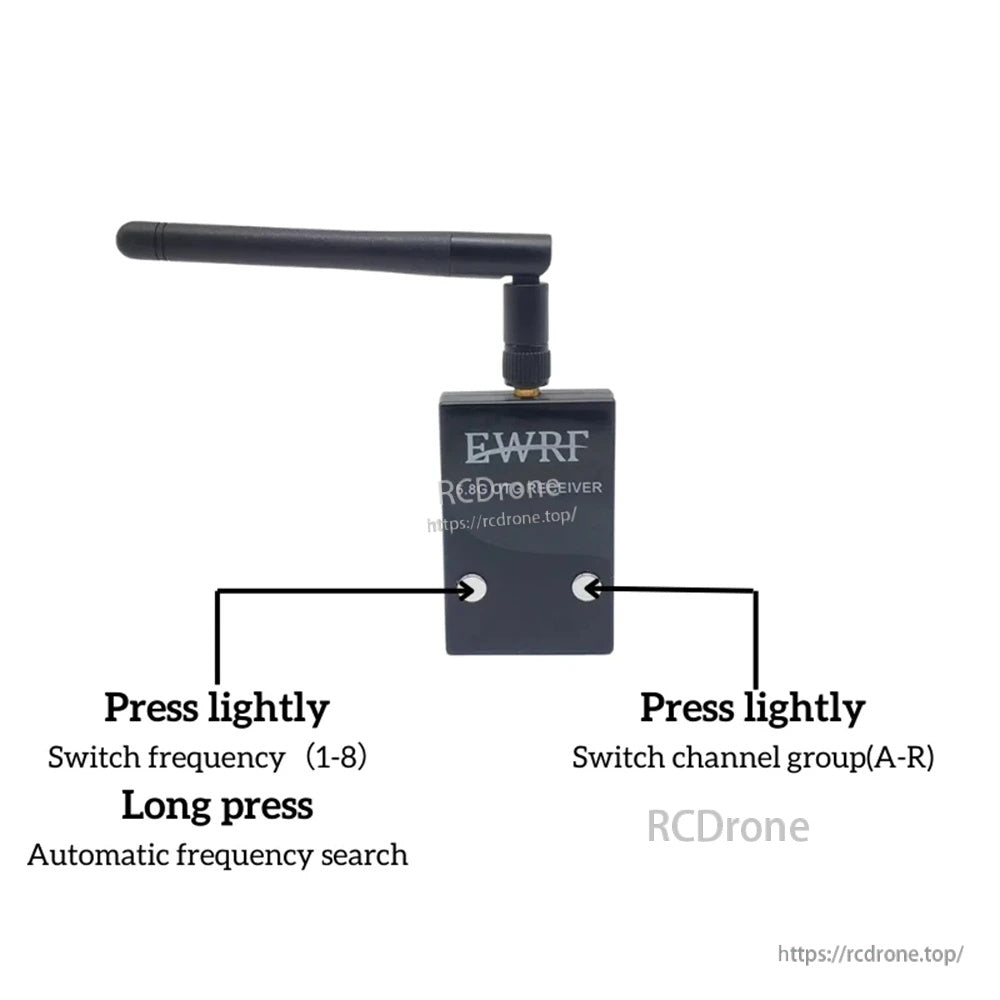 EWRF 5.8G OTG receiver with antenna and on-device controls for channel (1–8), band (A–R), and auto search