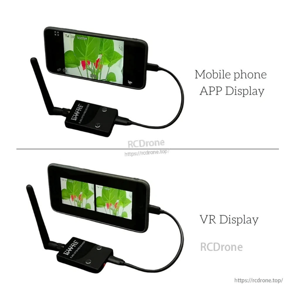 Android phone connected to the OTG receiver for UVC app viewing, with optional VR split-screen display mode