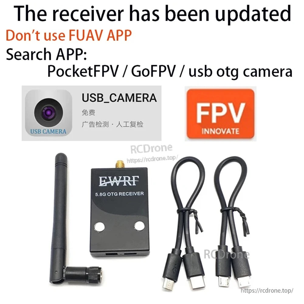 App guidance for updated OTG receiver: avoid FUAV app; search PocketFPV, GoFPV, or USB OTG camera apps
