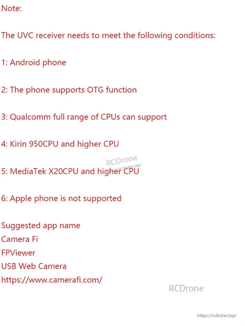 Android OTG compatibility requirements note: OTG-enabled Android phone required; Apple iPhone not supported; app suggestions
