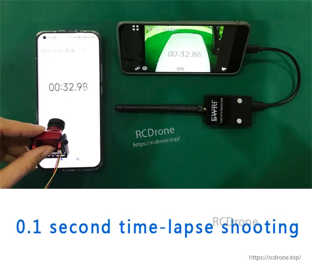 Latency demonstration setup: FPV camera feed received on Android phone through EWRF OTG receiver with timing display