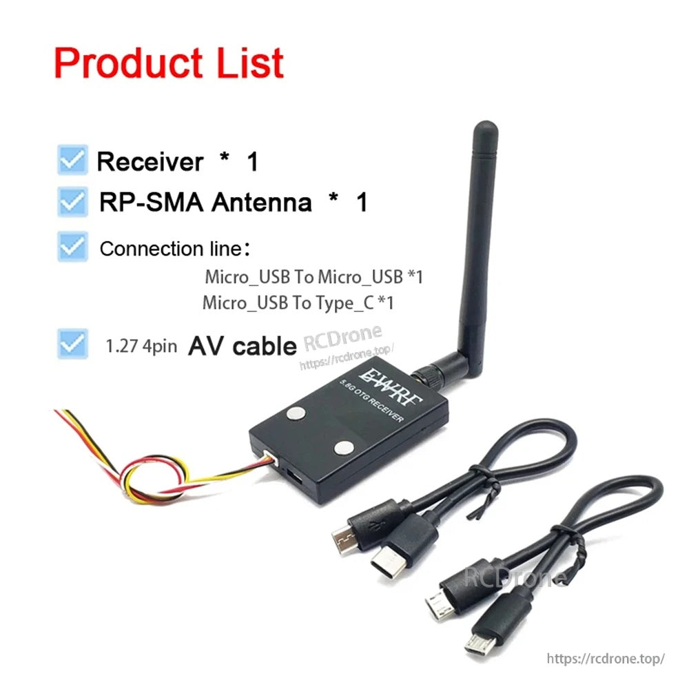 Package contents list with receiver, RP-SMA antenna, Micro-USB and USB-C OTG cables, and 1.27mm 4-pin AV cable