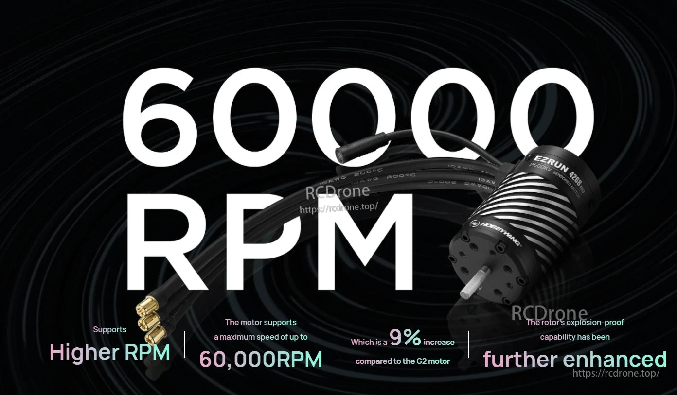 EZRUN 4278SD G2R Sensored Motor, Hobbywing EZRUN 4278SD G2R sensored brushless motor with wire leads and text noting up to 60,000 RPM