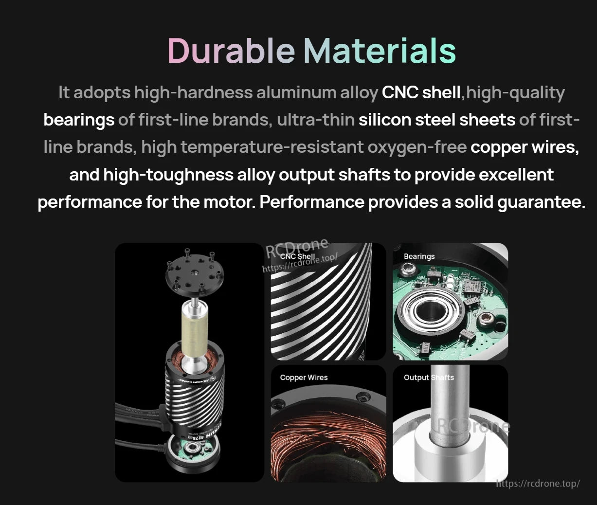 EZRUN 4278SD G2R sensored motor graphic highlighting CNC aluminum shell, bearings, copper windings, and output shaft