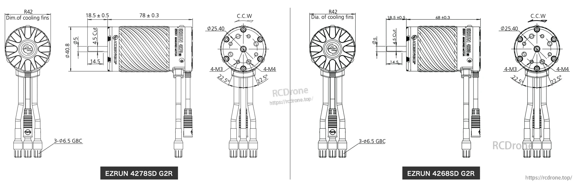 Technical dimension drawing of EZRUN 4278SD G2R sensored motor with 78mm body, 5mm shaft and 3 bullet leads