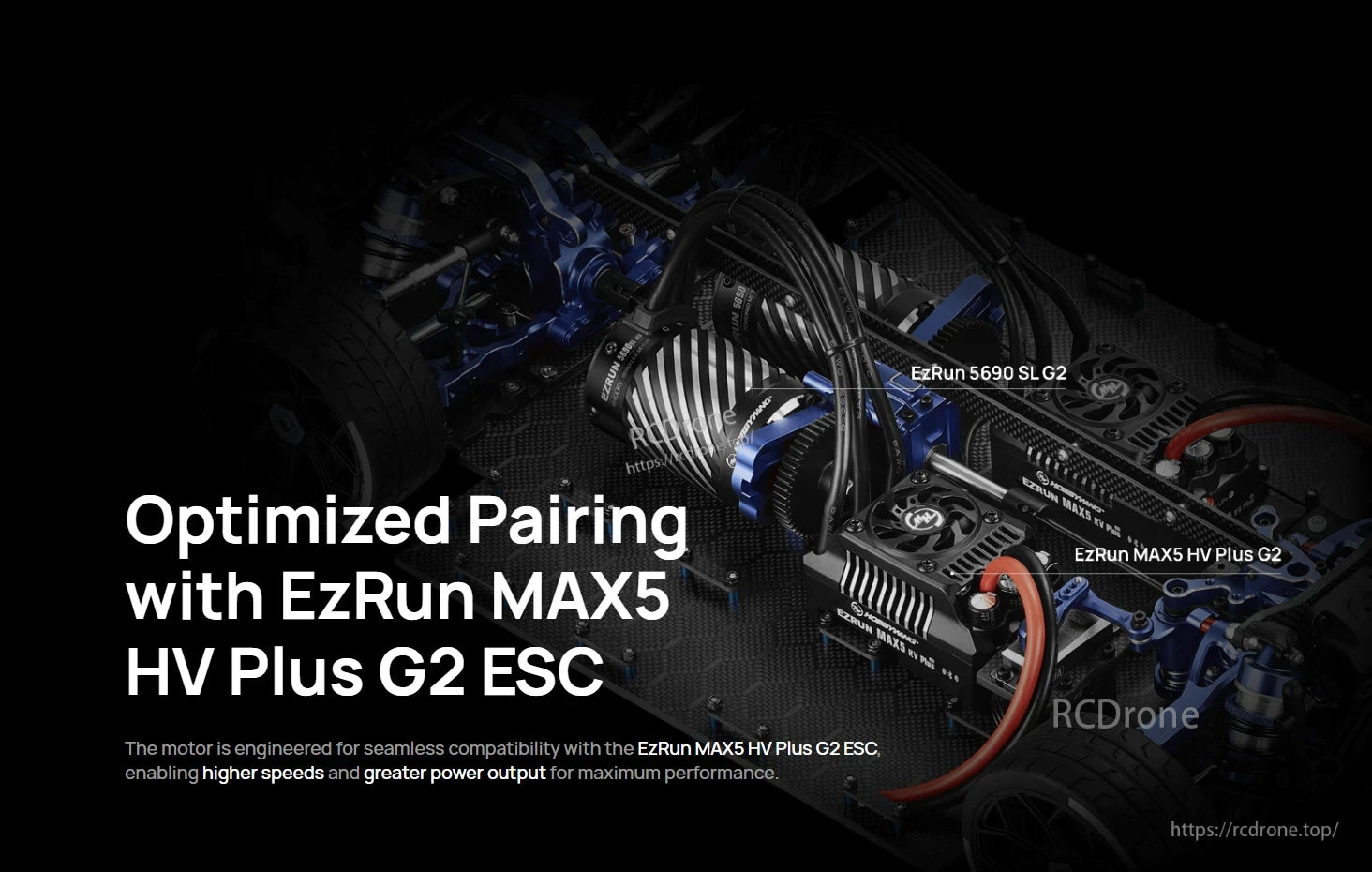 EZRUN MAX 5690SL G2 Brushless Sensorless RC Motor, EZRUN 5690 SL G2 brushless RC motor installed on a chassis with EzRun MAX5 HV Plus G2 ESC and wiring