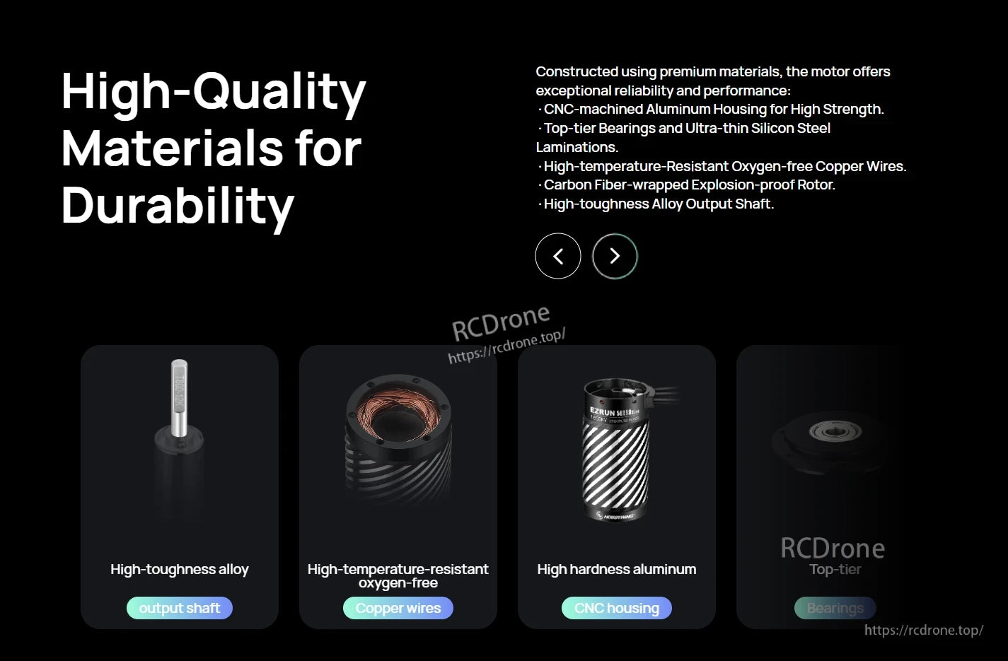 EZRUN MAX 5690SL G2 Brushless Sensorless RC Motor, EZRUN MAX 5690SL G2 brushless RC motor materials overview with CNC aluminum housing, copper windings, and shaft