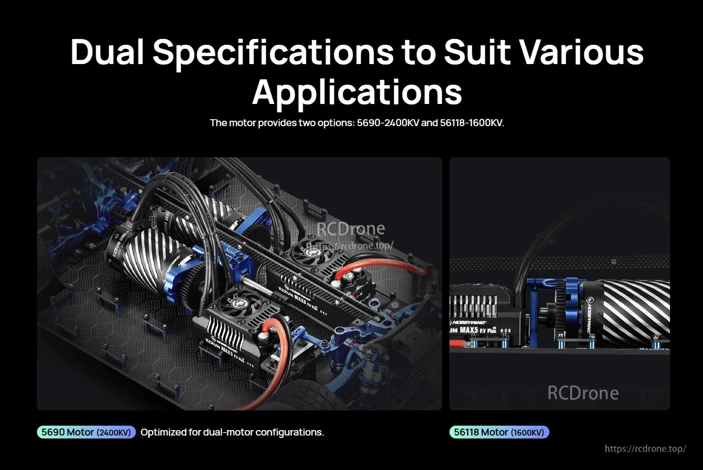 EZRUN MAX 5690SL G2 Brushless Sensorless RC Motor, Hobbywing EZRUN MAX brushless RC motors in a chassis, noting 5690 2400KV and 56118 1600KV options