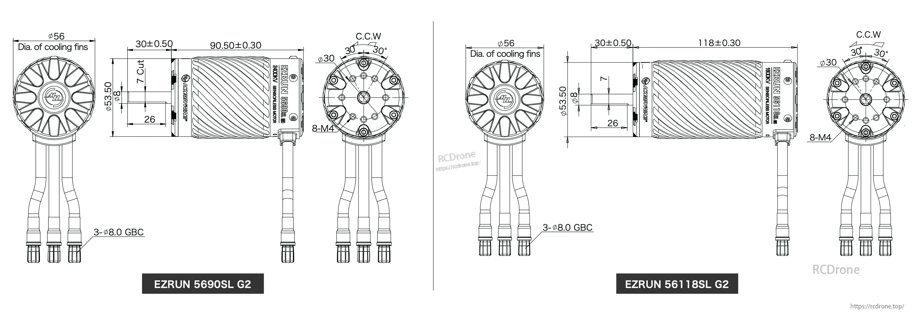 EZRUN MAX 5690SL G2 Brushless Sensorless RC Motor, Dimension drawing of EZRUN MAX 5690SL G2 brushless RC motor with Ø56 cooling fins, Ø8 shaft, 90.5mm body length