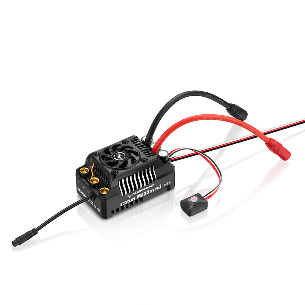 EZRUN MAX5 HV Plus G2 ESC, Hobbywing EZRUN MAX5 HV Plus G2 RC car ESC with cooling fan, gold motor terminals, and power switch