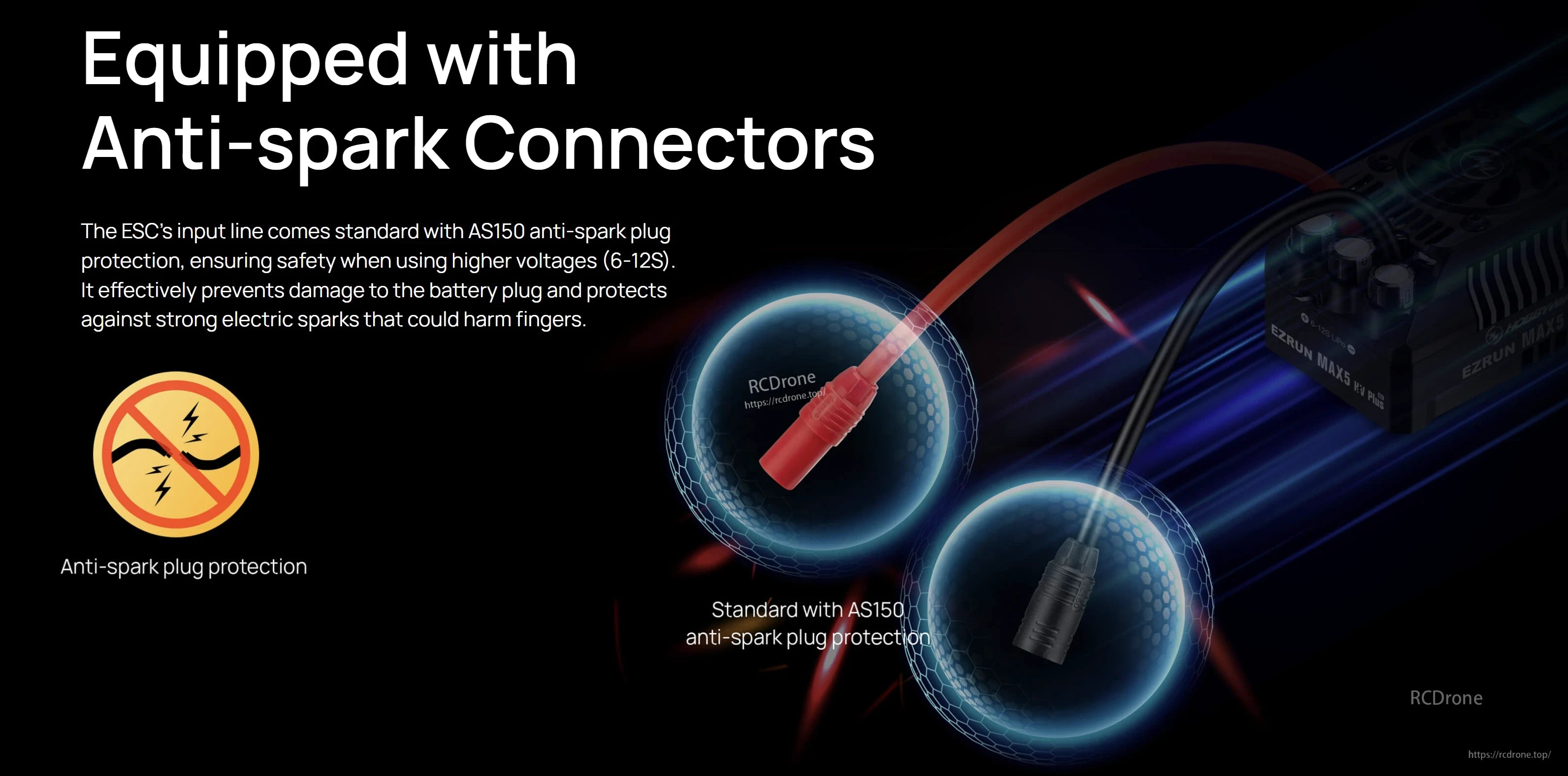 EZRUN MAX5 HV Plus G2 ESC graphic showing AS150 anti-sark connectors on red and black battery leads