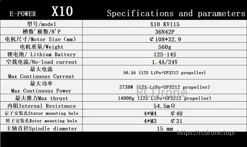 EaglePower X10 Brushless Motor, E-POWER X10 KV115 motor features 36N42P, weighs 560g, max thrust 14900g, max power 2738W, and has 4xM4 stator and 4xM3 rotor mounting holes.