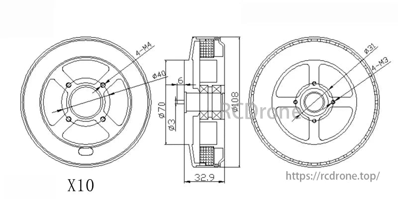 EaglePower X10 Brushless Motor, Specifications for X10 KV115 model, including motor size, weight, recommended battery, and performance data.