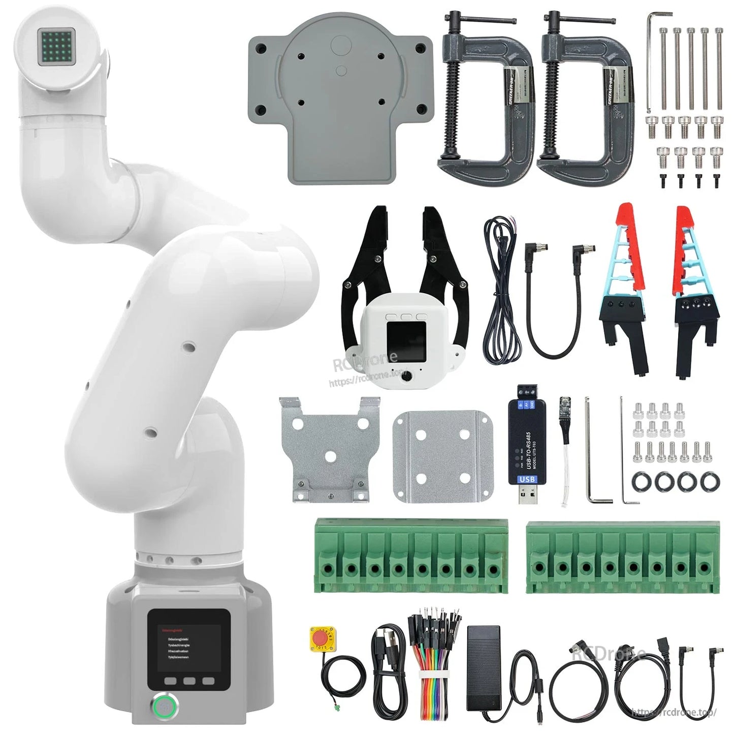 Complete kit layout with myCobot arm, gripper, mounting plates, clamps, tools, wiring, and terminal blocks