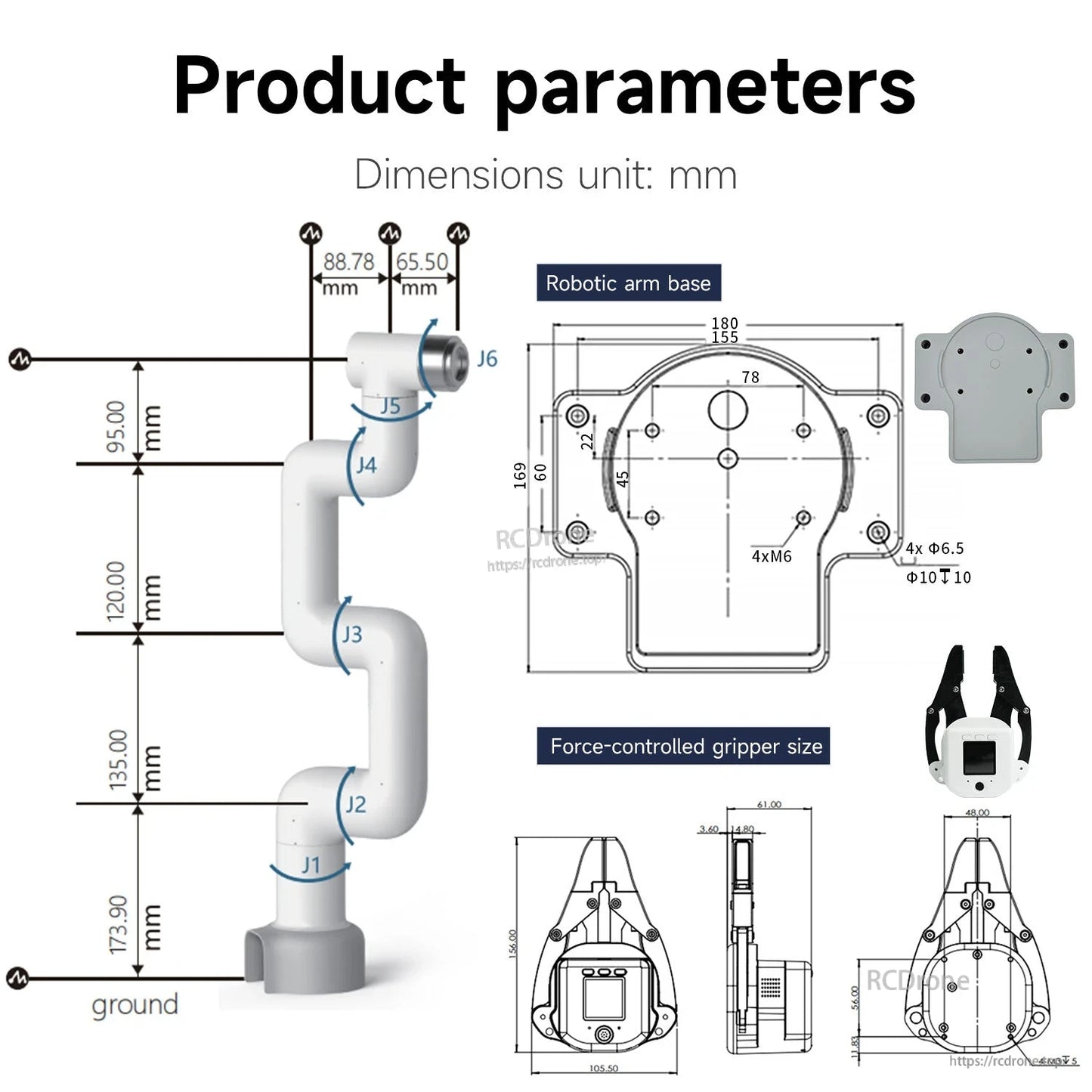 Product dimensions drawing in mm for robotic arm and base, plus force-controlled gripper size diagram