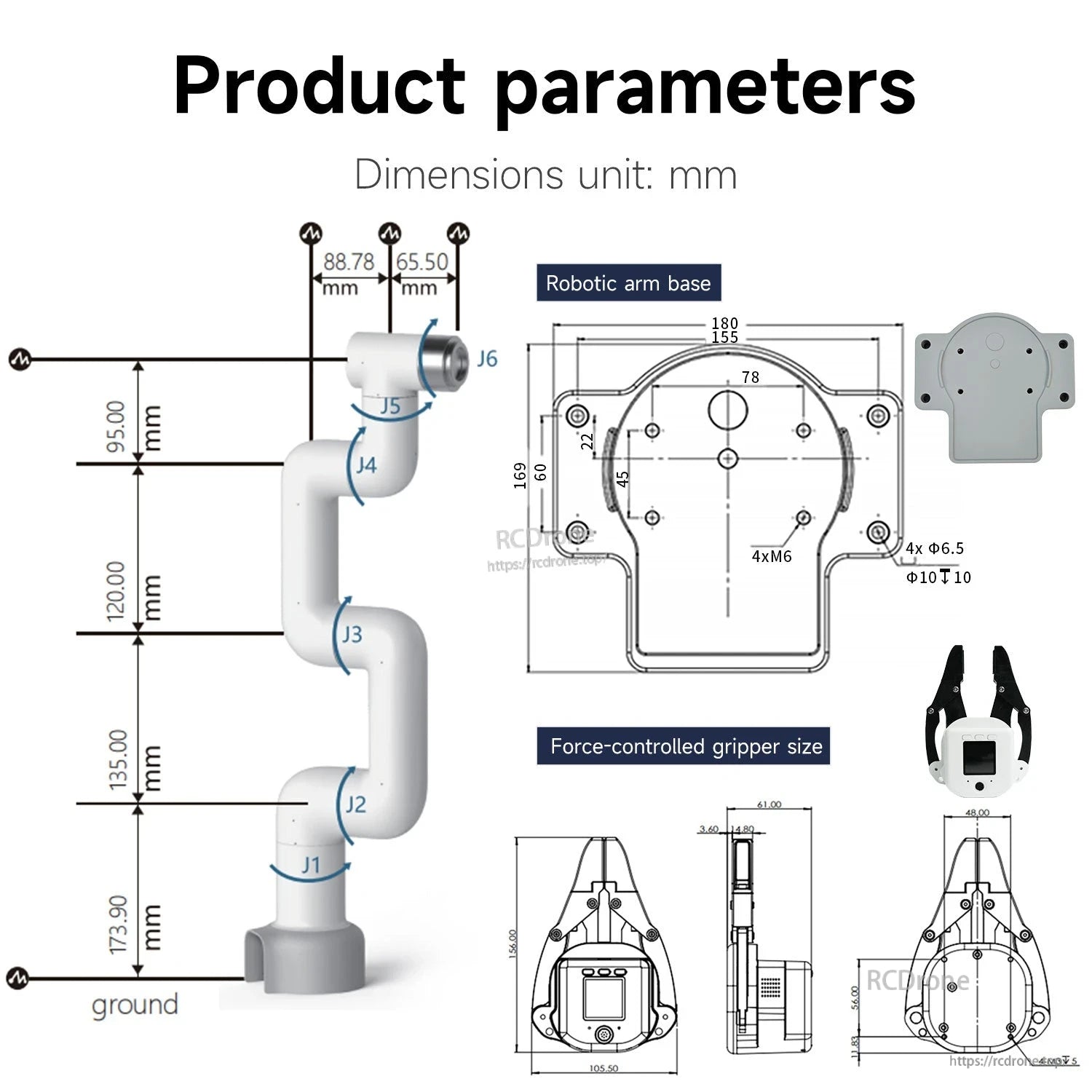 Product dimensions drawing in mm for robotic arm and base, plus force-controlled gripper size diagram