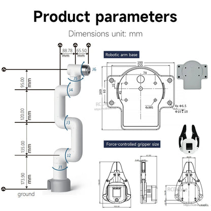 Product dimensions drawing in mm for robotic arm and base, plus force-controlled gripper size diagram