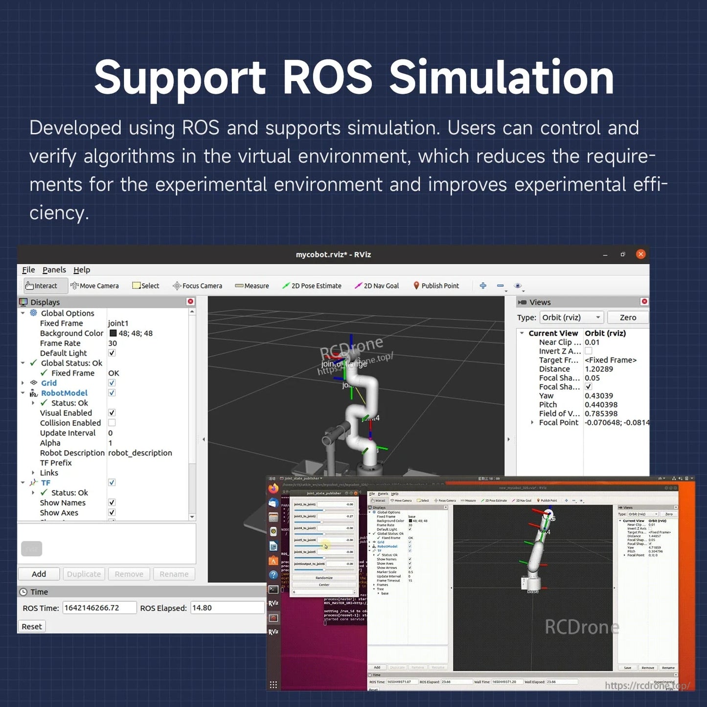 ROS simulation support graphic showing RViz interface with myCobot robot model and settings panels