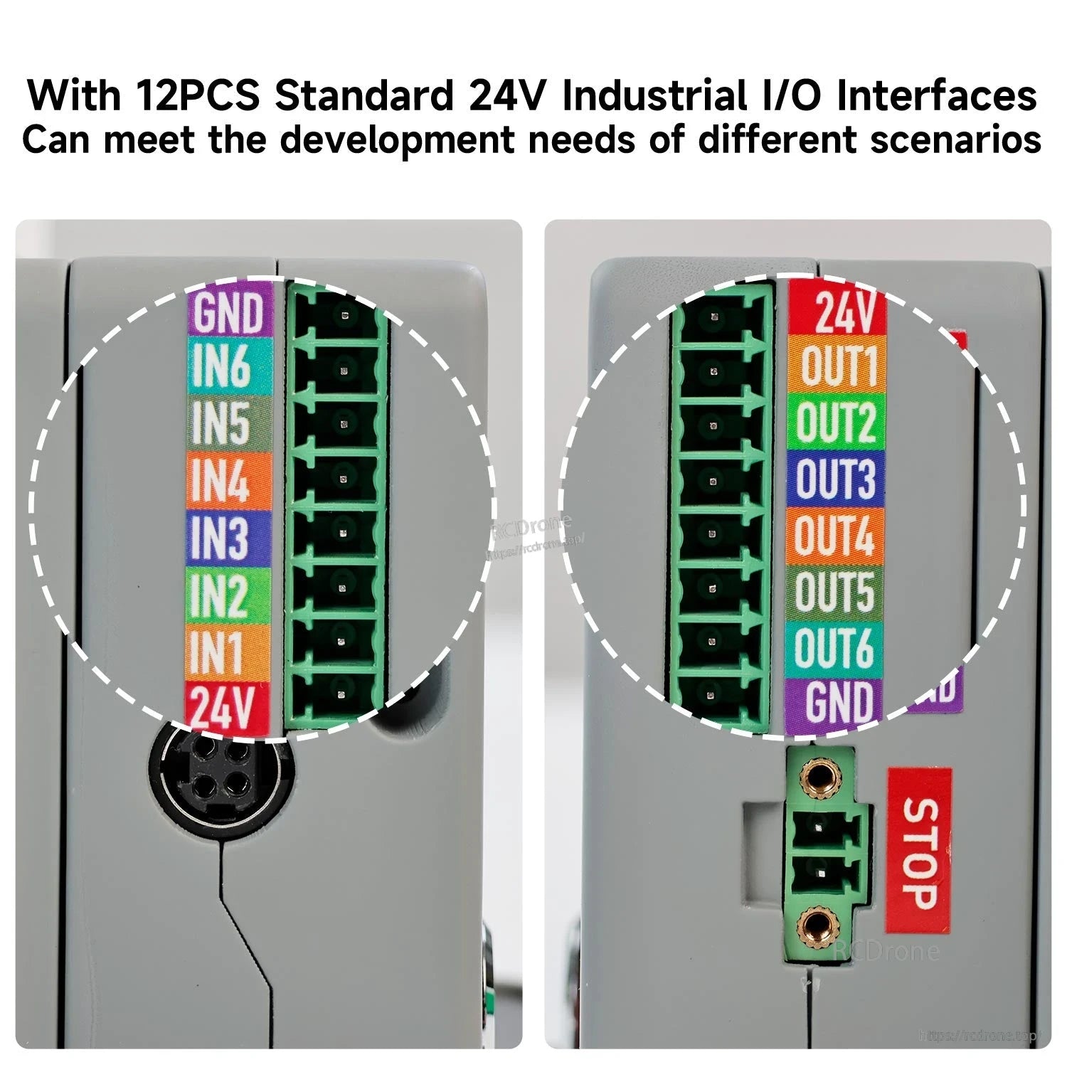 Close-up of 24V industrial I/O terminal labels with IN1–IN6 and OUT1–OUT6 plus GND and STOP