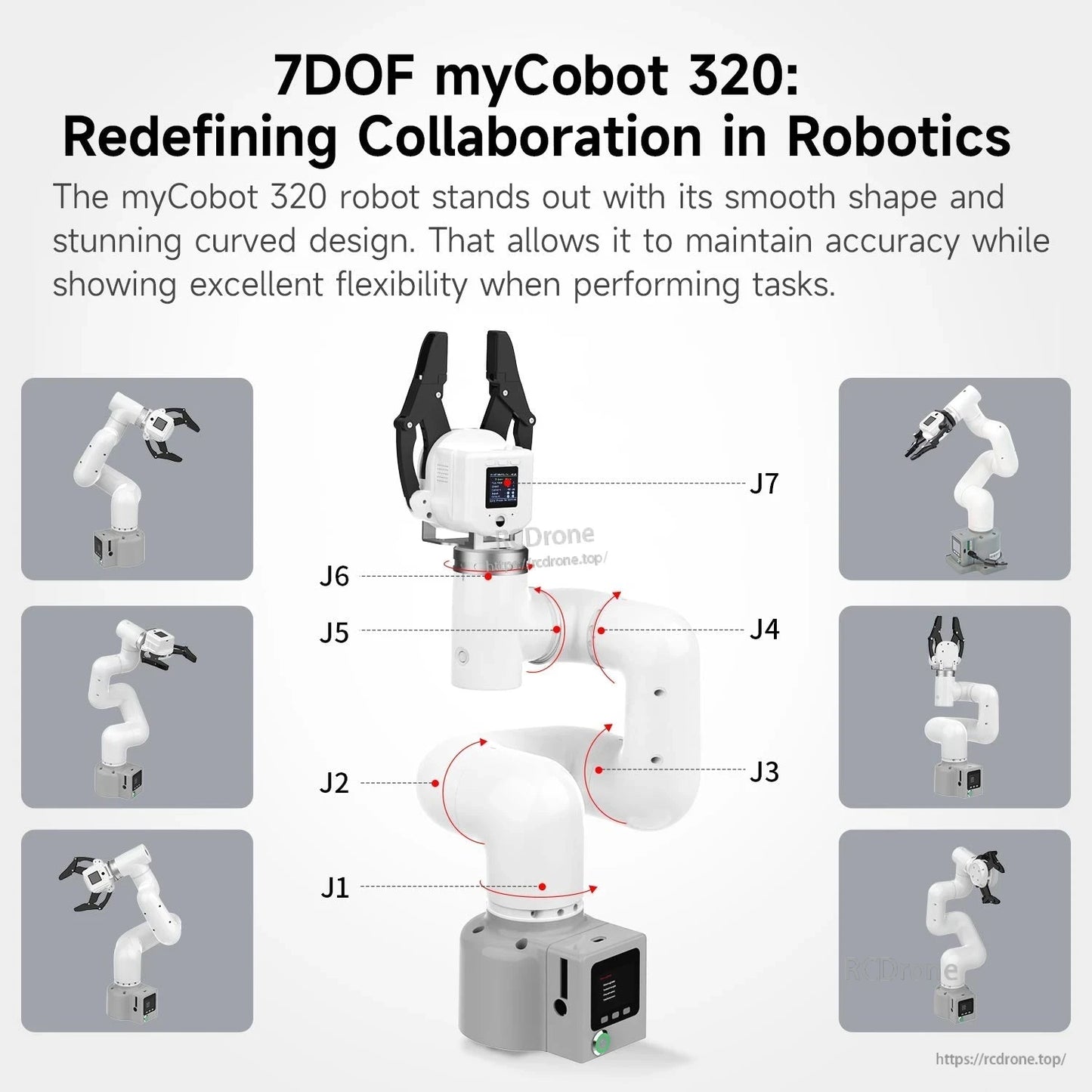 7DOF myCobot 320 joint diagram labeled J1–J7 with multiple pose thumbnails around the arm