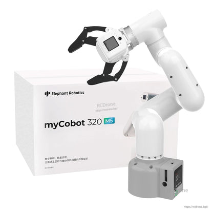 myCobot 320 M5 robotic arm posed in front of Elephant Robotics retail box packaging