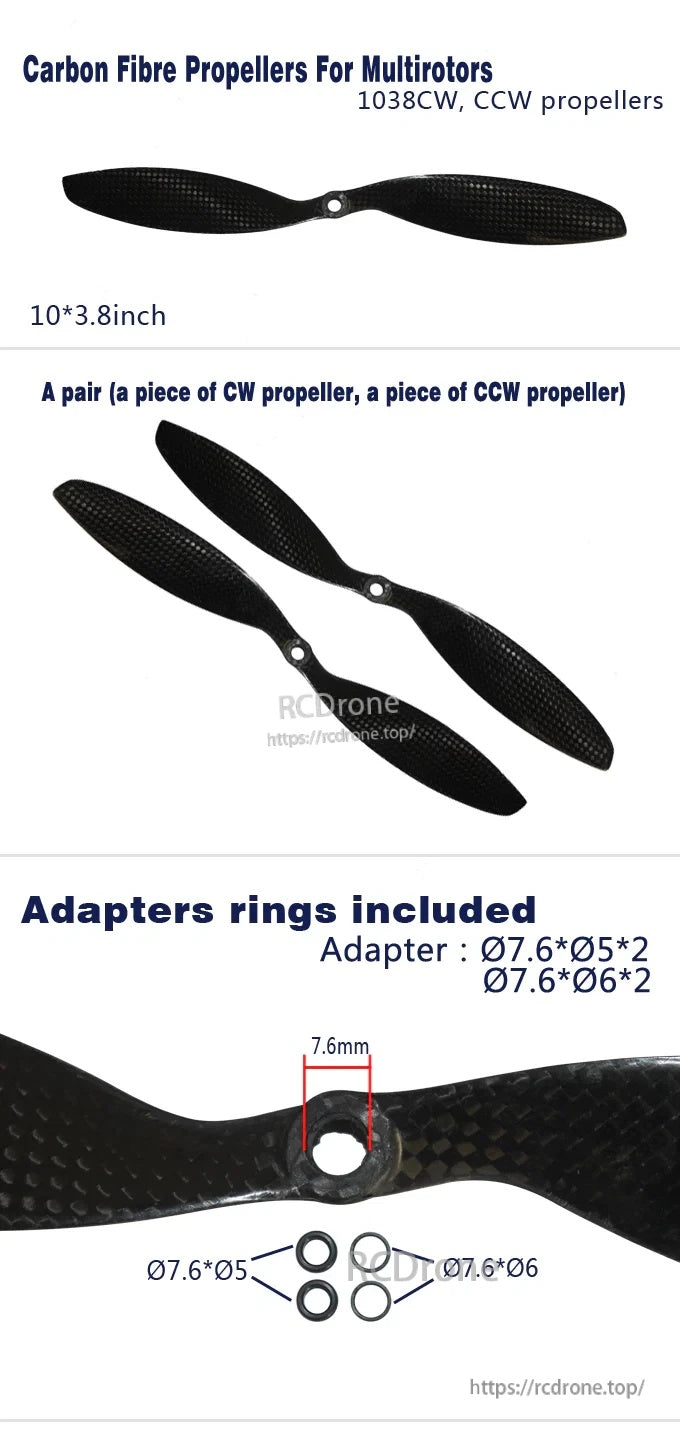 Emax 1038 CW/CCW carbon fibre propeller set, 10×3.8 inch pair with adapter rings
