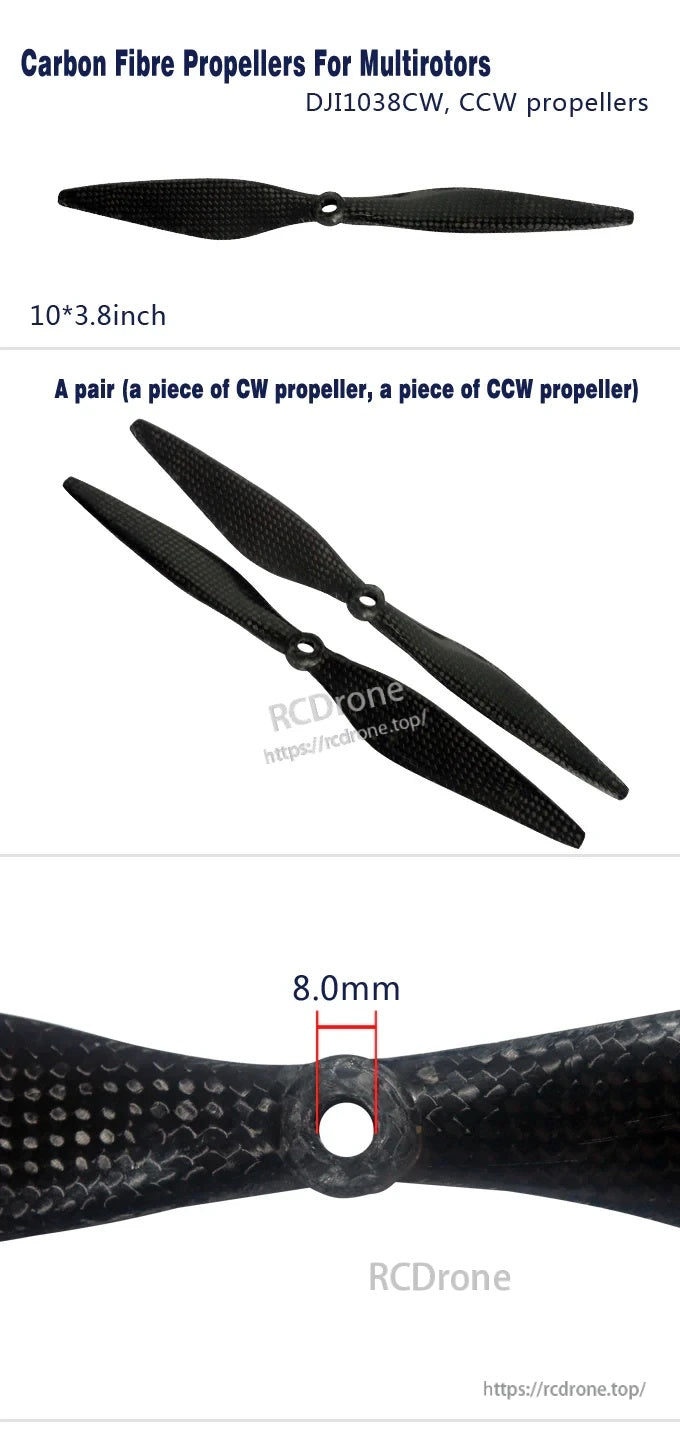 Emax 1038 10x3.8 3K carbon fiber propeller set (CW + CCW) with 8.0 mm center hole