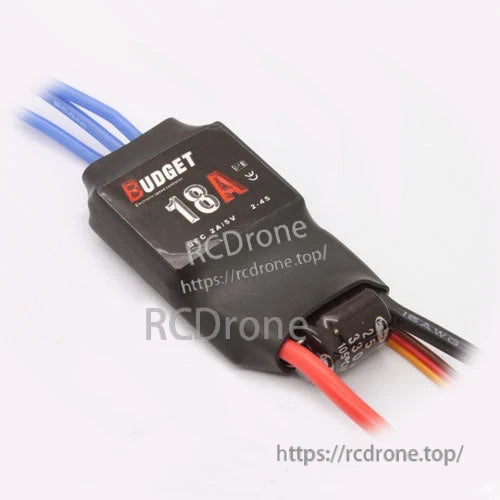 ESC top label close-up showing 18A marking on heatshrink case with motor and battery leads attached