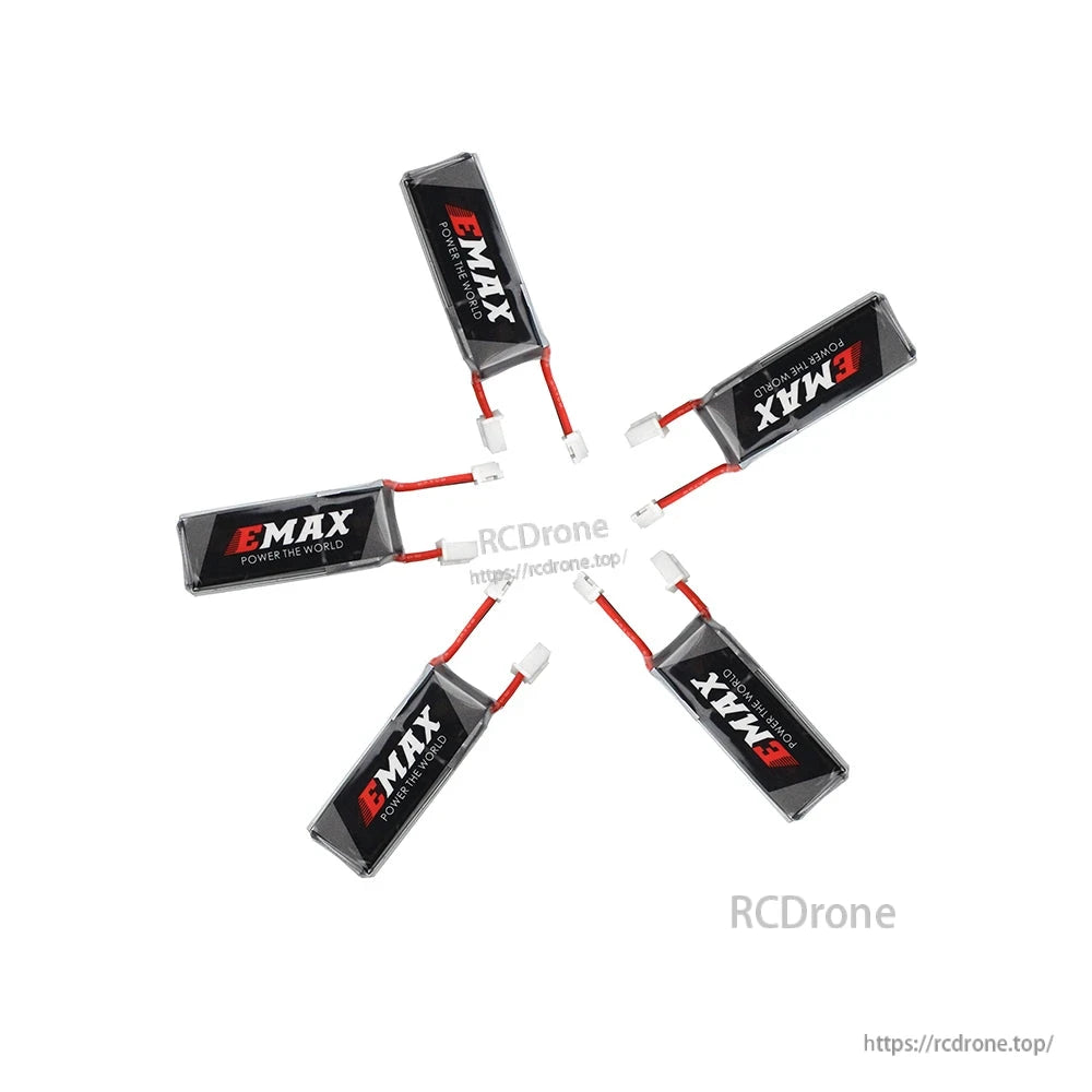 Multiple EMAX LiPo batteries arranged in star layout showing branding and PH2.0 connectors