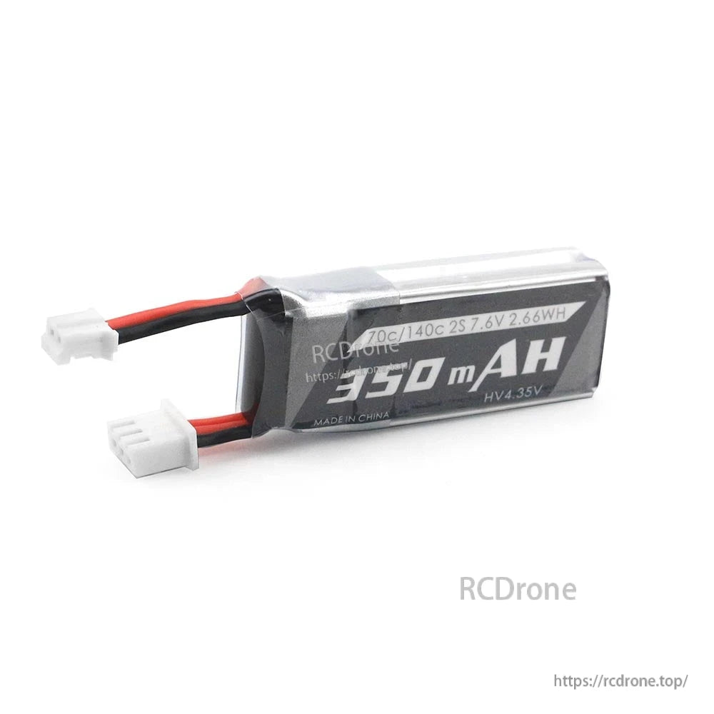 Side profile of 350mAh 2S 7.6V HV LiPo battery showing 70C/140C 2.66Wh label and leads