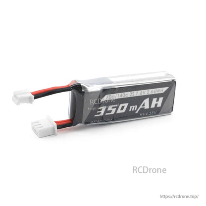 Side profile of 350mAh 2S 7.6V HV LiPo battery showing 70C/140C 2.66Wh label and leads