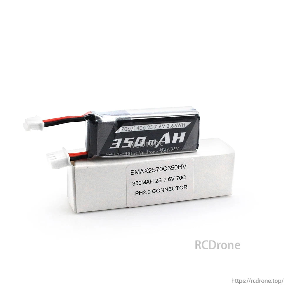 Emax 350mAh 2S 7.6V 70C HV LiPo Battery on box, label shows PH2.0 connector