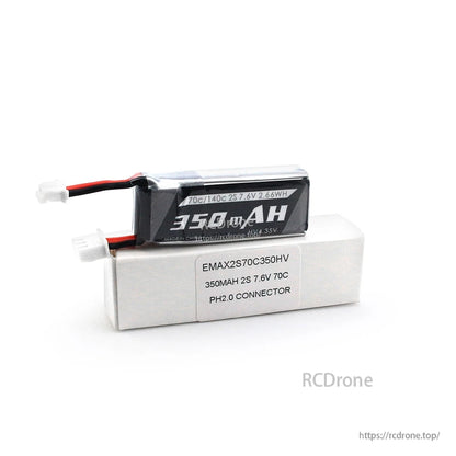 Emax 350mAh 2S 7.6V 70C HV LiPo Battery on box, label shows PH2.0 connector