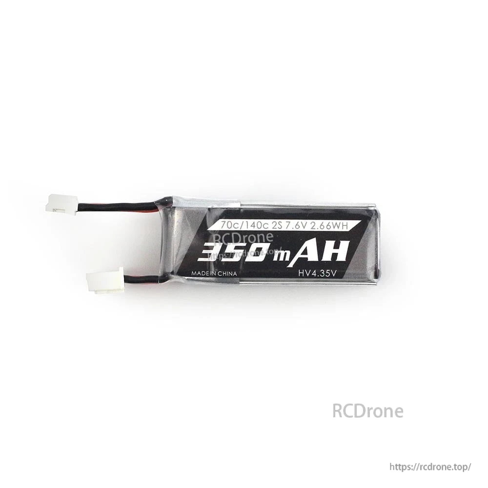 Top-down view of 350mAh 2S 7.6V HV LiPo battery with dual PH2.0 connectors and spec label