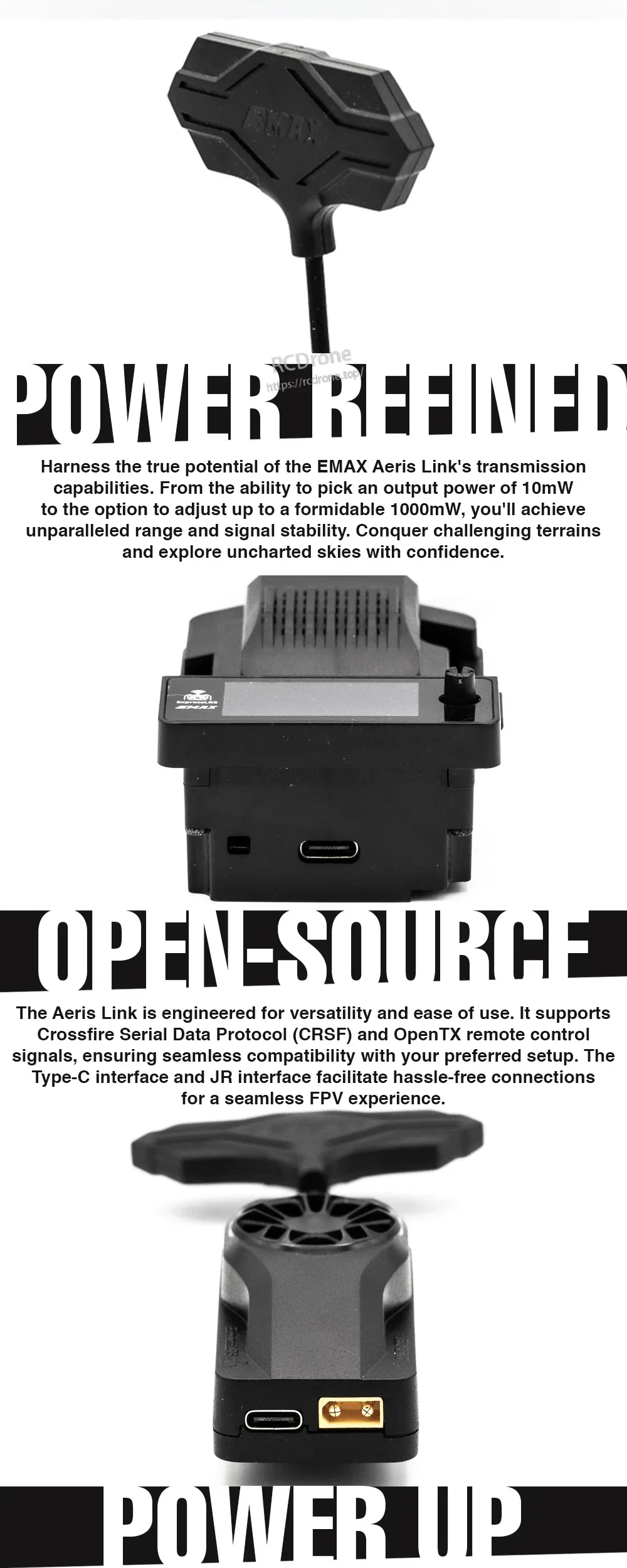 Aeris Link module close-up highlighting USB‑C port, JR bay fitment, and high‑power ELRS transmission design