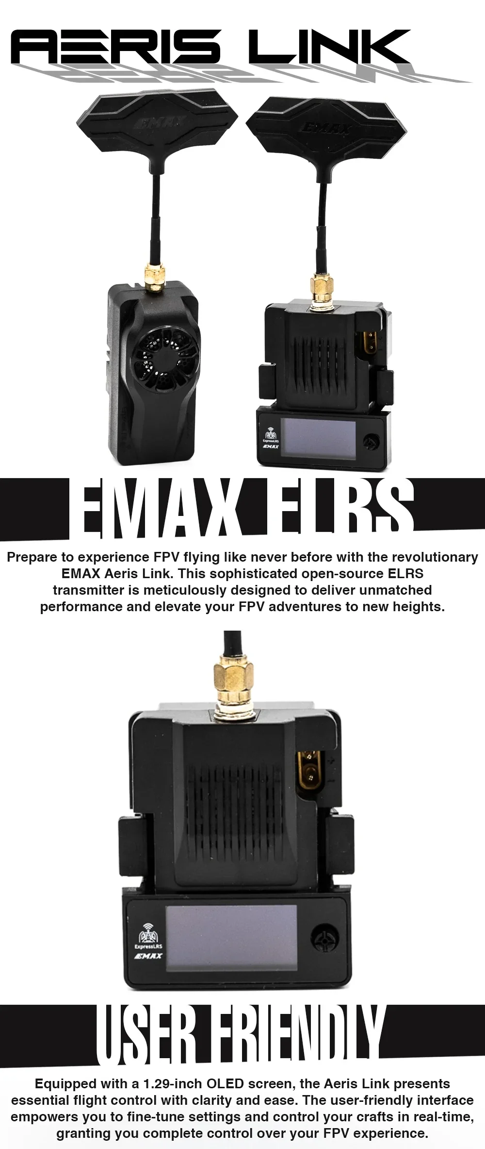 EMAX Aeris Link TX and Aeris Link Micro ELRS transmitter modules with OLED screen and antenna