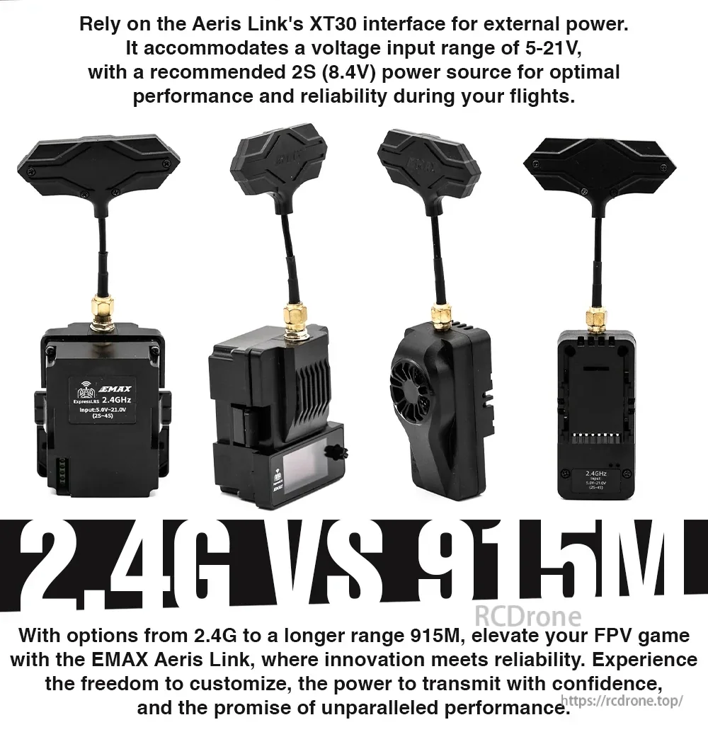 Aeris Link 2.4GHz vs 915MHz versions shown from multiple angles, including XT30 external power input