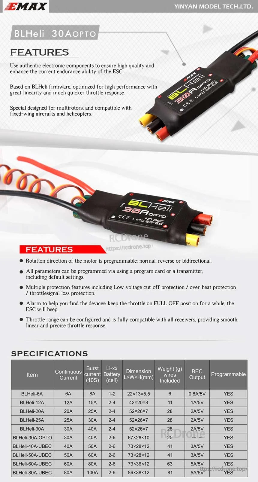 EMAX BLHeli 30A OPTO ESC with features and specifications chart (30A/40A burst, 2–6S LiPo)