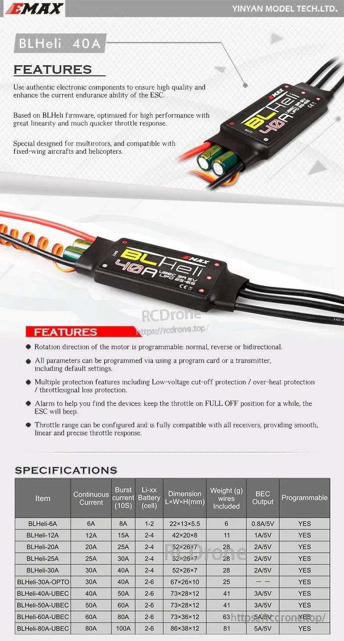 Emax BLHeli Series 40A UBEC ESC with BLHeli firmware feature list and specifications on product sheet