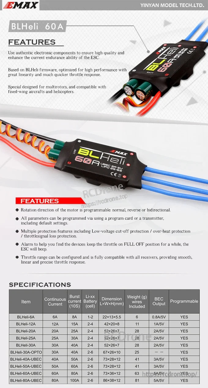 EMAX BLHeli Series 60A UBEC ESC with feature list and specifications chart (2–6S, 60A/80A, 5V 5A BEC)