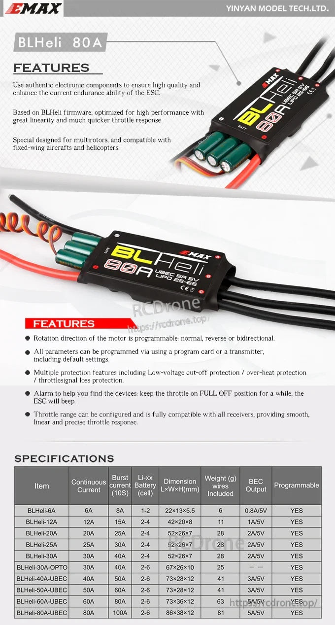 EMAX BLHeli Series 80A UBEC ESC with features list and specifications table on product sheet