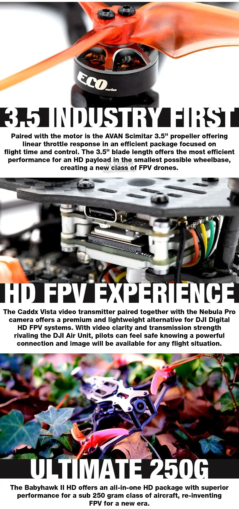 Close-up of the Babyhawk II HD electronics stack and Caddx Vista HD digital video transmitter wiring