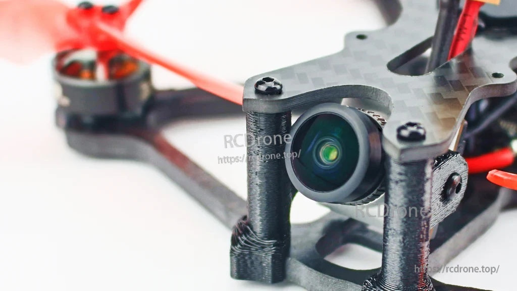 Macro view of the front HD FPV camera lens in the Babyhawk II HD protective mount